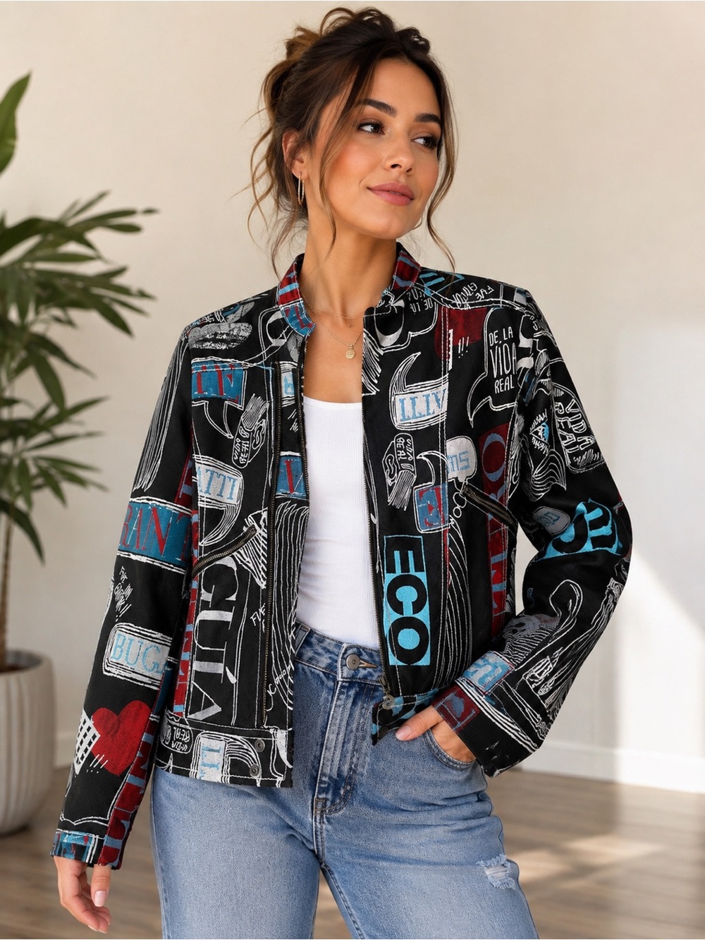 Desigual moto bomber jacket featuring a vibrant, multicolored graffiti and comic